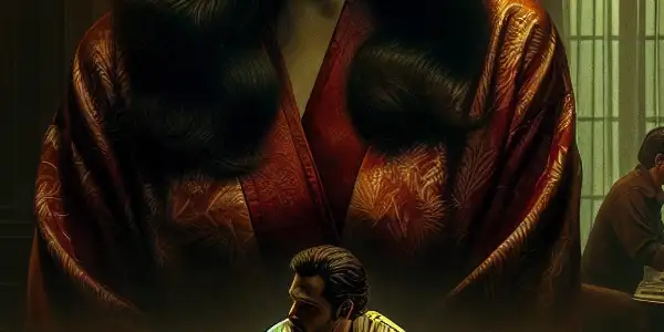 A tense family gathering in a cozy living room, highlighting a conflicted woman and a troubled man.