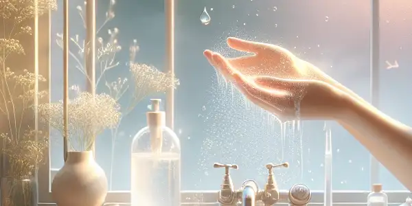 A calming bathroom scene showcasing personal hygiene with a person washing hands, a filled bathtub, and gentle lighting.
