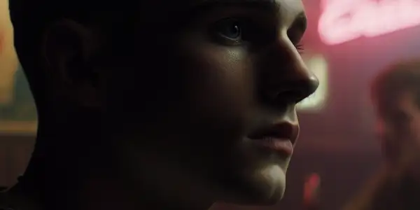 A young transgender man sits in a dimly lit bar, surrounded by friends, embodying hope and despair in a tense atmosphere.