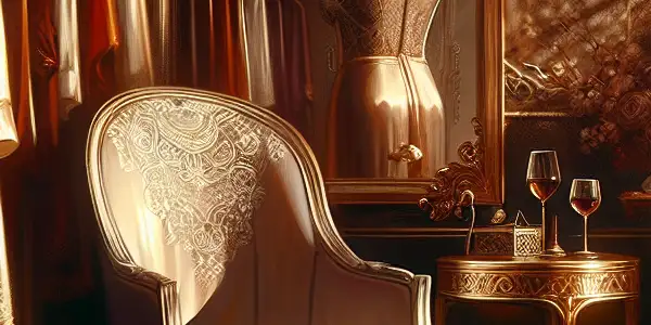 Elegant boudoir scene with silk and lace stockings draped over a vintage chair, featuring warm colors and intimate details.