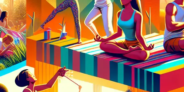 A vibrant illustration showcasing diverse adult activities in 2026, including VR parties, yoga retreats, workshops, and themed social gatherings.