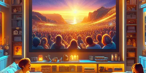 A cozy home theater scene with friends enjoying a movie, popcorn, and warm ambiance.