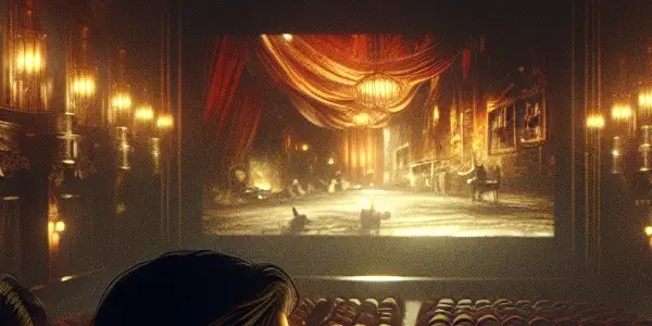 A couple watches a film in a dimly lit vintage cinema, surrounded by shadows and intrigue.