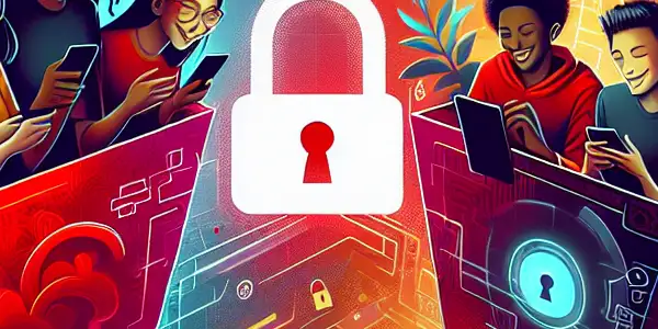 A vibrant digital landscape showcasing playful red envelopes with security symbols, depicting safe adult content interactions.