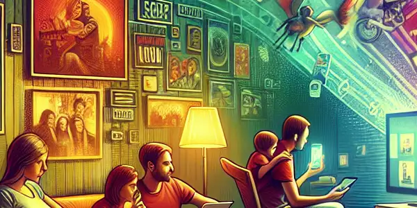 A cozy home scene with diverse people enjoying movies on various devices, surrounded by genre-themed decorations.