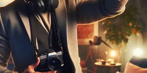 A confident individual taking a stylish selfie in a cozy, well-decorated bedroom with digital elements present.