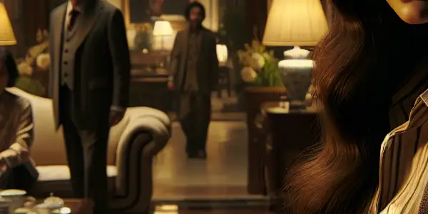 A young babysitter in an opulent home, glancing cautiously at a shadowy figure, amidst tension and intrigue.