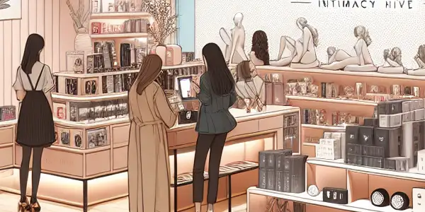 A modern adult novelty store with diverse patrons exploring tasteful products in a warm, inviting atmosphere.