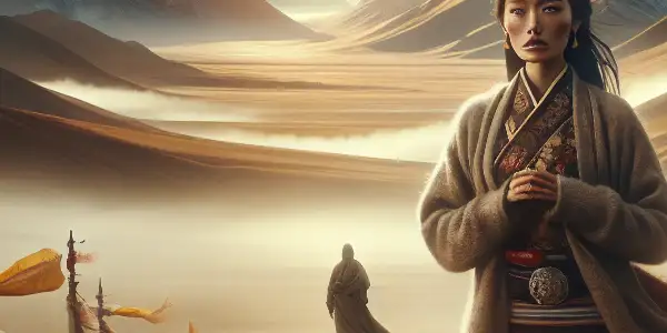 A young Tibetan woman in traditional attire stands on the Tibetan plateau, reflecting hope and melancholy amidst rolling mountains.