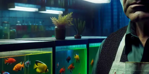 A chilling fish store filled with vibrant fish, featuring a menacing shop owner and unsettling decor.