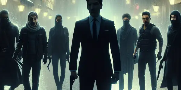 A tense urban alley scene with shadowy assassins and a charismatic man in a black suit amidst unexpected chaos.