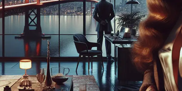 A charismatic female novelist and a rugged detective in a dimly lit San Francisco apartment, evoking tension and intrigue.