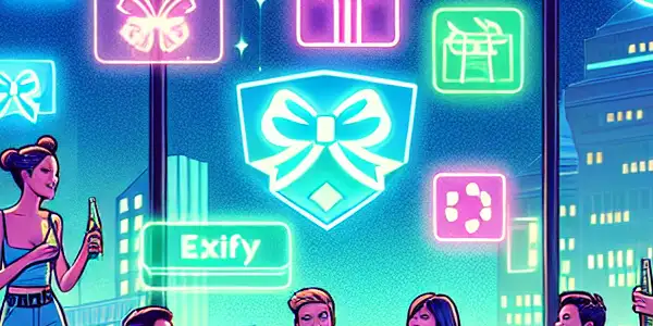 A diverse group of young adults joyfully interacting with glowing screens showcasing enticing rewards in a modern lounge.