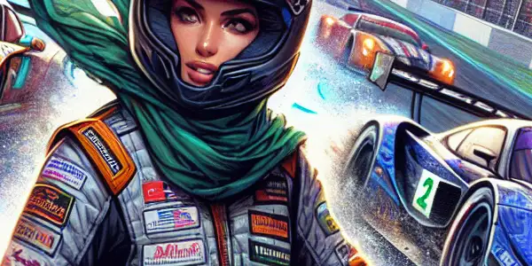 A vibrant racetrack scene with speeding cars, cheering crowds, and a passionate enthusiast capturing the excitement.