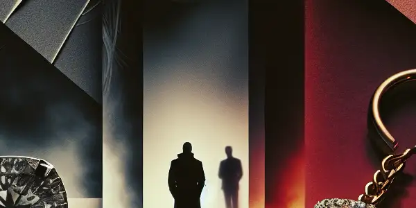 A mysterious woman at a dimly lit crossroads symbolizes emotional turmoil and betrayal in relationships.