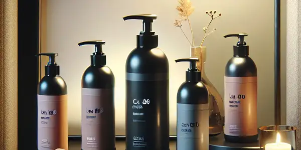 A modern bedroom featuring an elegant arrangement of various adult lubricants on a stylish nightstand.