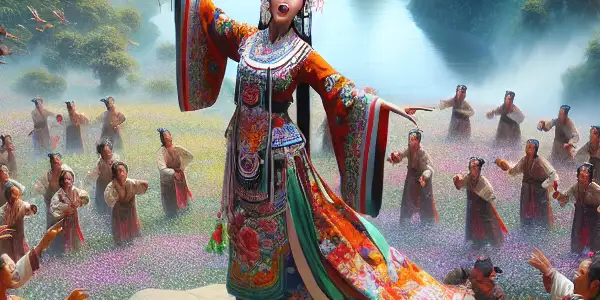 Liu Sanjie passionately sings in a vibrant Guangxi landscape, surrounded by captivated villagers and traditional dancers.
