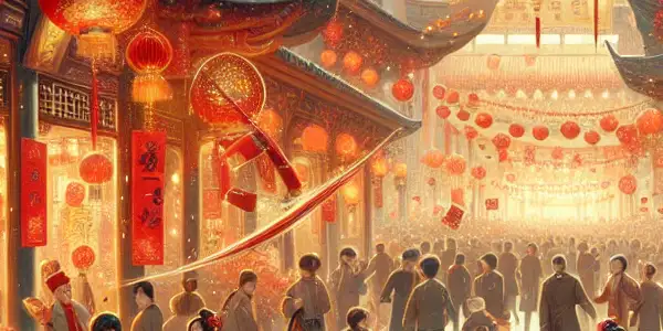 A vibrant Chinese New Year festival blending traditional celebrations with playful adult themes and flirtatious interactions.