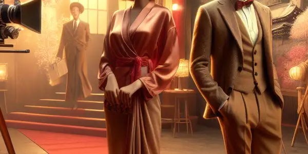 A nostalgic Japanese film studio scene featuring elegant decor, vintage cameras, and characters in retro clothing amidst cherry blossoms.