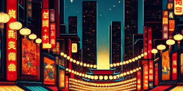 A vibrant urban landscape featuring a bustling market, movie screens, and silhouettes of viewers celebrating contemporary Chinese cinema.