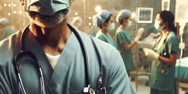 A heroic doctor in a bustling hospital during the COVID-19 pandemic, surrounded by dedicated medical staff and patients.