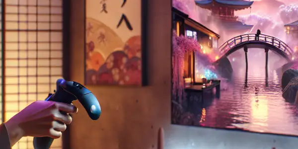 A person immersed in a cozy living room, experiencing a vibrant virtual reality world with adult themes.