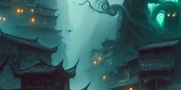 A foggy small town with twisted trees, dim lanterns, and a cloaked figure observing a mysterious sign.