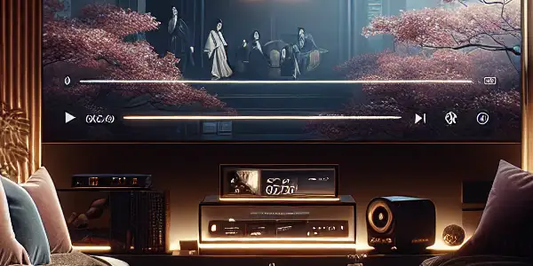 A cozy private viewing area with a plush sofa and a cinematic screen displaying Japanese AV film scenes.