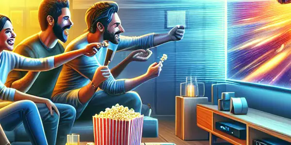 A lively group of friends enjoys a cozy movie night in a modern living room, immersed in vibrant entertainment.