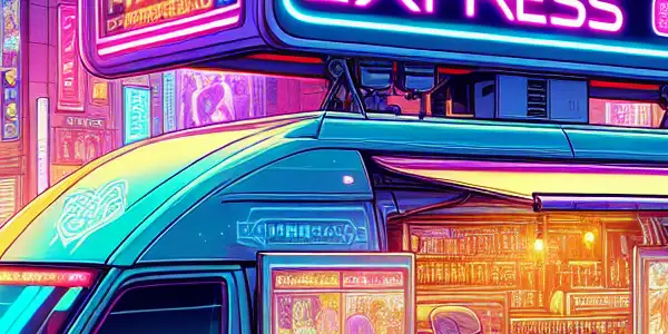 A futuristic delivery van in a vibrant urban setting, promoting a modern adult entertainment service with excited subscribers.