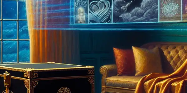 A dimly lit room with a modern delivery box, luxurious couch, and a digital interface showcasing adult films.