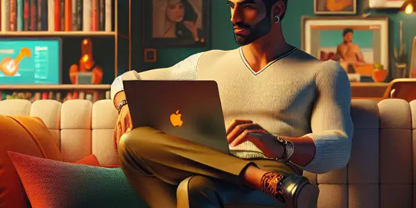 A cozy living room scene featuring a stylish individual browsing adult films on a laptop, emphasizing safety and comfort.