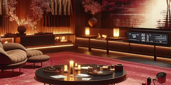 A modern, intimate viewing room showcasing abstract romance themes in Japanese AV cinema with stylish decor and ambient lighting.