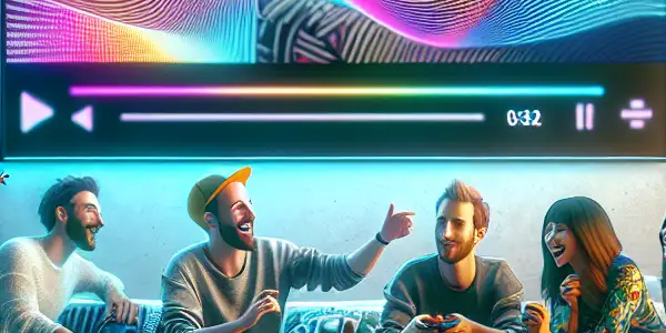 A cozy living room with friends enjoying colorful video clips, snacks, and laughter in a relaxed atmosphere.