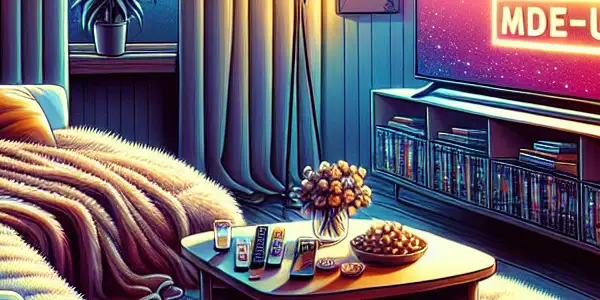 A cozy living room with a plush sofa, modern TV, snacks, and a warm, inviting ambiance.