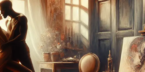 A romantic embrace between two figures in a dimly lit room filled with art supplies and abstract paintings.