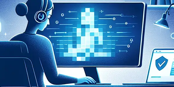 A person in a modern home office focused on a computer screen, surrounded by cybersecurity symbols for safe adult browsing.