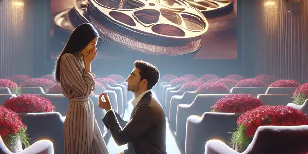 A couple in a private cinema, engaged in a romantic proposal surrounded by roses and soft lighting.