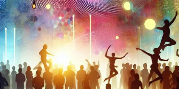 A vibrant, abstract party scene with diverse silhouettes and colorful lights, symbolizing shared experiences in adult entertainment.