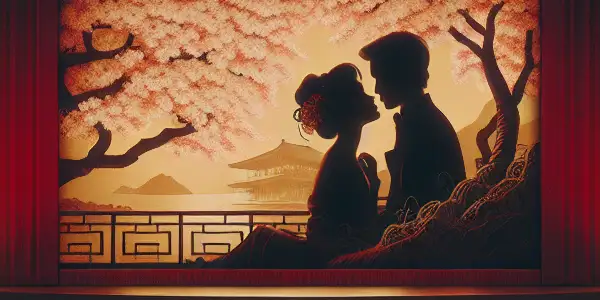 A vintage cinema interior with plush red seating, showcasing an intimate film scene and hints of Japanese culture.