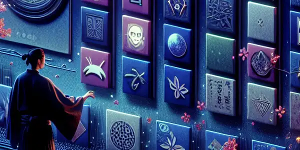 A sleek digital interface displaying organized adult content bookmarks with cultural motifs and a user enjoying the experience.