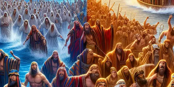 A split image depicting Moses leading Israelites through the Red Sea alongside playful, cartoonish characters in ancient Egyptian attire.