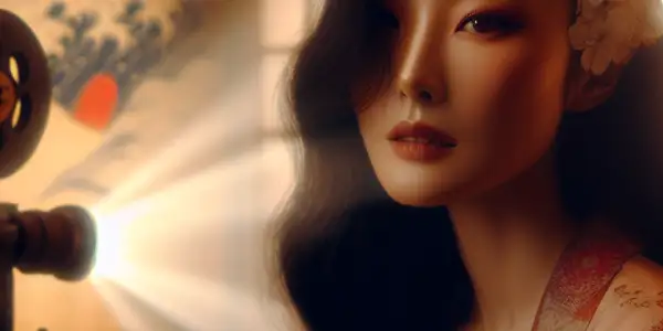 A captivating Asian woman in a kimono, surrounded by traditional Japanese decor, exuding elegance and romance.