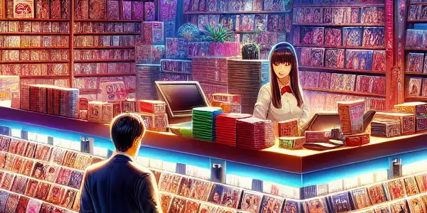 A vibrant adult store interior featuring diverse products, warm lighting, and a friendly staff member assisting a customer.