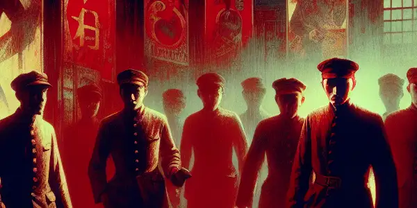 A dramatic underground hideout with revolutionaries in 1940s attire, dimly lit by flickering red lanterns and vintage propaganda.