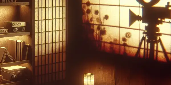 A cozy, dimly lit room with a vintage projector displaying abstract shapes, surrounded by film reels and books on love.