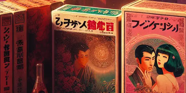 A nostalgic display of vintage Japanese adult film covers arranged artistically with vibrant colors and intriguing patterns.