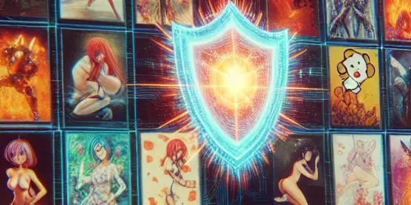 A modern search engine interface showcasing adult content in a cozy, secure atmosphere with vibrant thumbnails and a digital shield.