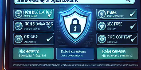 A modern digital interface displaying safe browsing options for Japanese adult videos with protective symbols and vibrant tags.