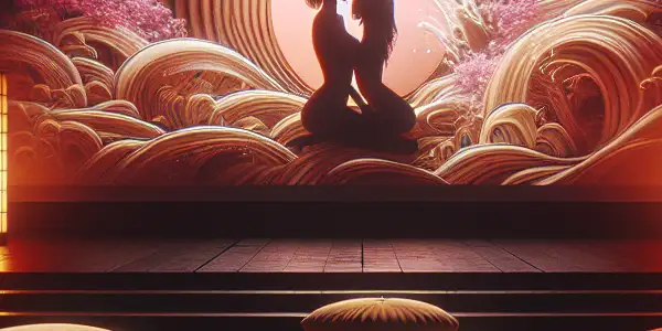 A cozy viewing area with a plush sofa, dim lighting, and abstract visuals suggesting romance and intrigue in adult cinema.